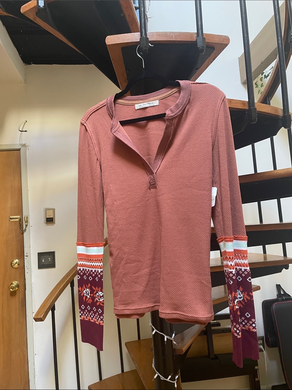 Free People Dusty Rose Knit Henley Top with Patterned Cuffs